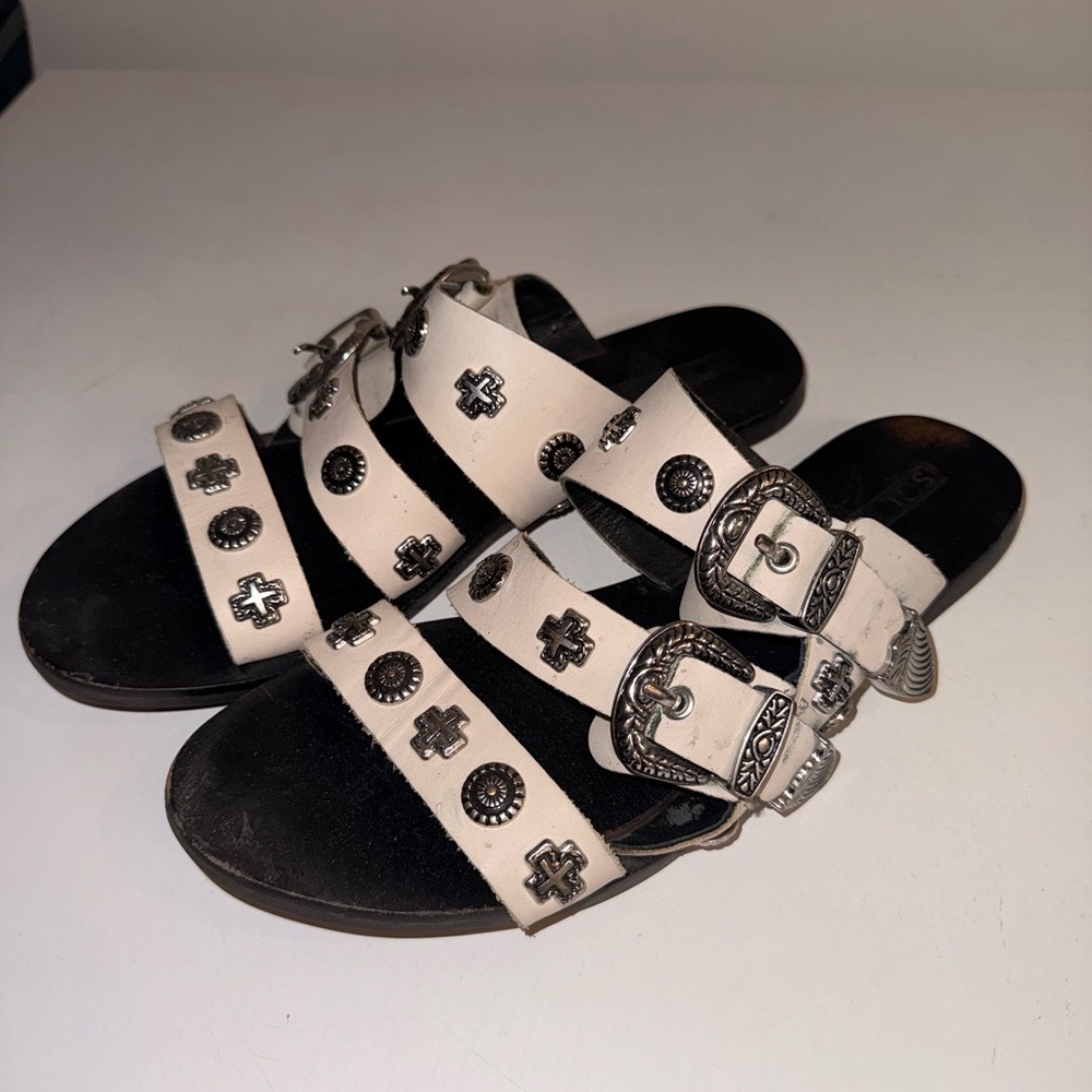 Sol Sana Western Buckle Studded Sandals in Ivory